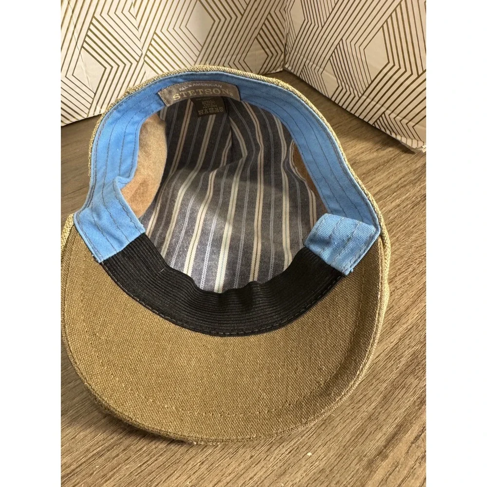 Stetson All American Tan Linen Flat Cap Ivy Driving Hat Mens Small Medium